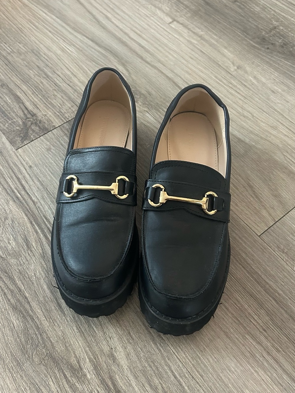 Princess Polly Black Leather Loafers with Gold Accent